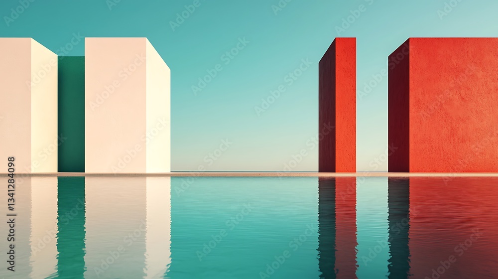A serene landscape featuring geometric structures reflected in calm water under a clear blue sky. A serene landscape featuring geometric structures reflected in calm water under a clear blue sky.