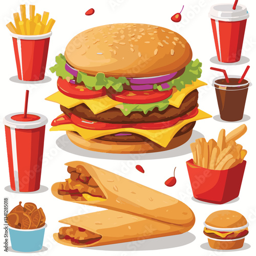 fastfood, fast, snack, food, meal, delicious, background, lunch, dinner, fat, american, burger, unhealthy, restaurant, meat, isolated, junk, menu, cheeseburger, tasty, set, hamburger, sandwich, cuisin