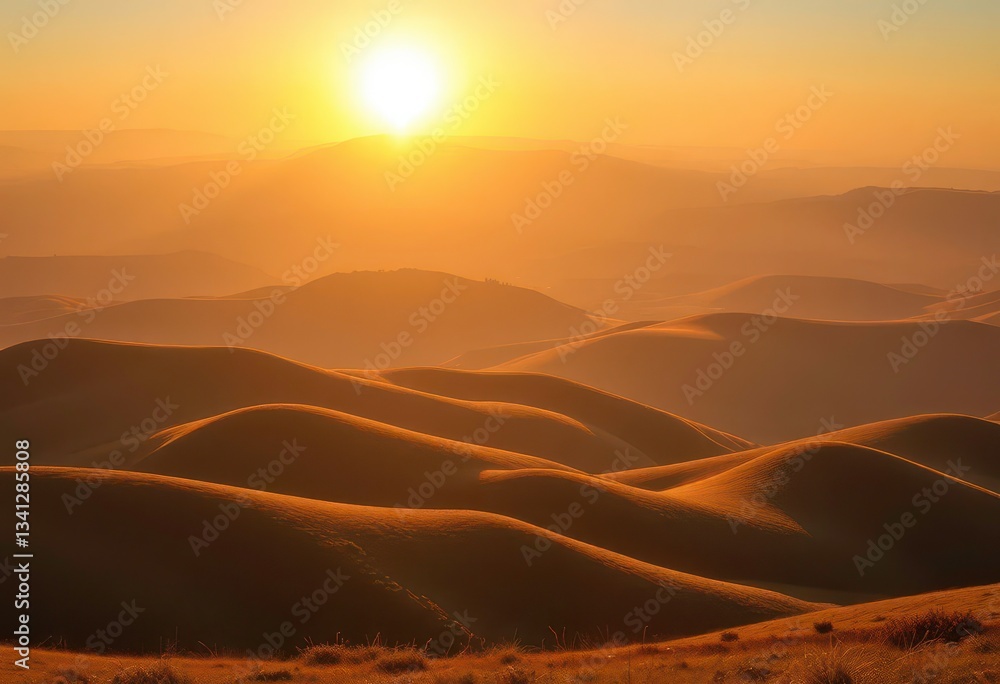 Naklejka premium Golden hour bathes rolling hills in warm sunset light, long shadows stretch across the landscape, peaceful, shadow