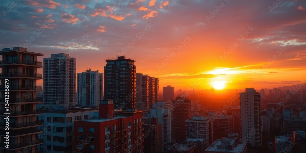 Fototapeta premium Golden hour cityscape, vibrant sunset hues paint buildings, urban soundscape, towers, metropolis