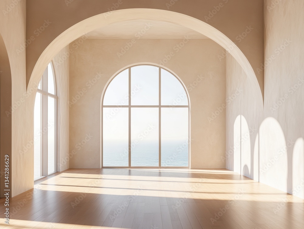 A large room with a window overlooking the ocean. The room is empty and has a lot of natural light A large room with a window overlooking the ocean. The room is empty and has a lot of natural light