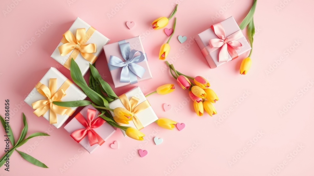 Pastel Presents and Spring Blooms A Festive Arrangement Pastel Presents and Spring Blooms A Festive Arrangement