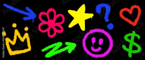 Graffiti spray paint elements arrow, crown, star, heart, flower, smile. Street art style illustration in black background
