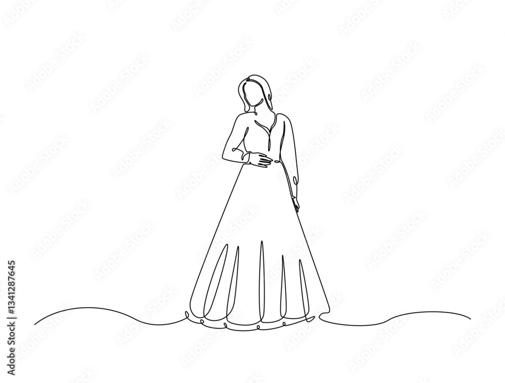Continuous line art drawing of beautiful girl wearing flowing gown. Lady wearing long dress in one line drawing illustration. Editable stroke. Continuous line art drawing of beautiful girl wearing flowing gown. Lady wearing long dress in one line drawing illustration. Editable stroke.