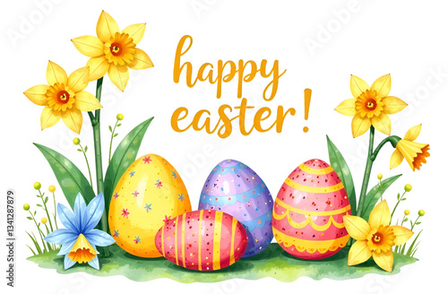Happy Easter, a drawing featuring eggs and spring flowers. The illustration is made in spring pastel colors.