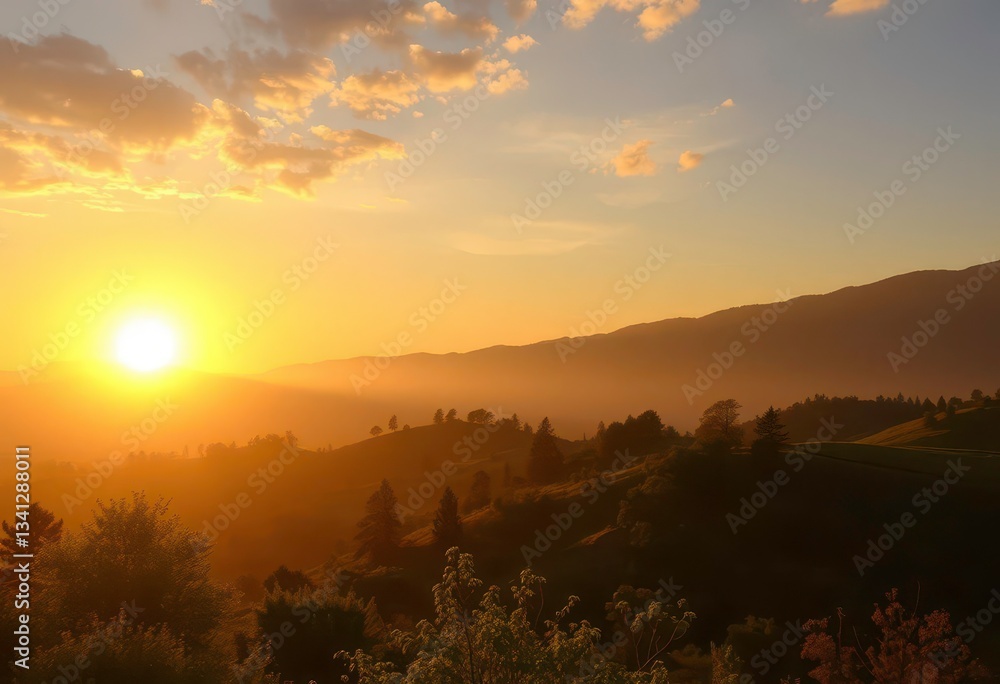 Fototapeta premium Golden sunrise over serene landscape, symbolizing enlightenment, judgement, insight