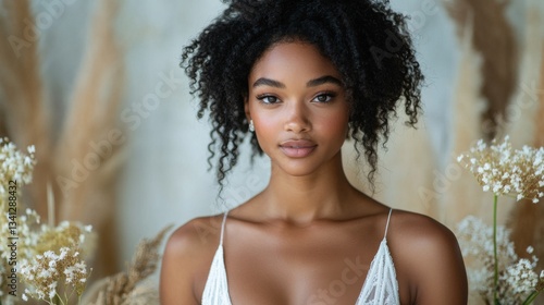A young woman with natural curls poses gracefully in a softly lit indoor setting. She wears a light outfit and is surrounded by delicate flowers, adding to the tranquil atmosphere.