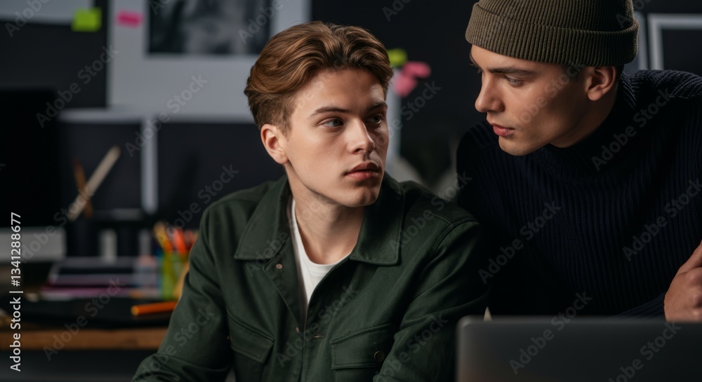 Two young caucasian men collaborating in office setting Two young caucasian men collaborating in office setting
