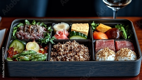 Elegant multicompartment box with gourmet food and sparkling white wine symbolizing luxury, indulgence, and sophistication