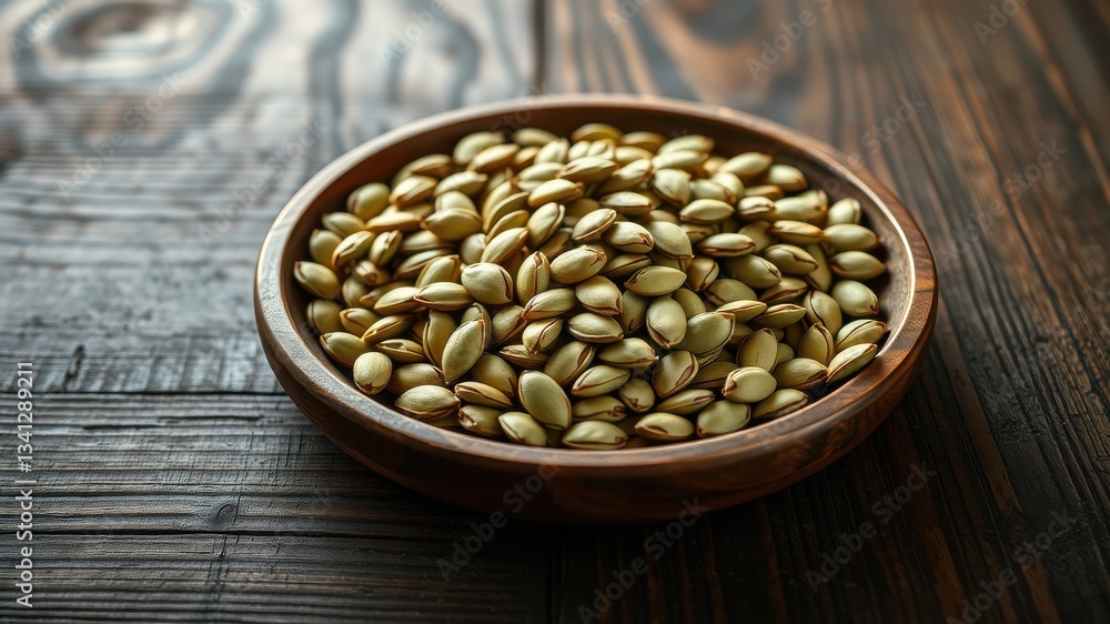 A wooden bowl filled with a generous portion of light brown seeds, resting on a dark brown wooden surface. A wooden bowl filled with a generous portion of light brown seeds, resting on a dark brown wooden surface.