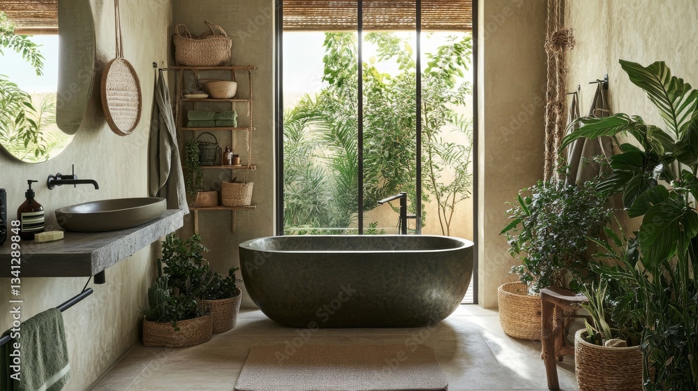 Serene Minimalist Boho Bathroom with Indoor Plants and Garden View Serene Minimalist Boho Bathroom with Indoor Plants and Garden View