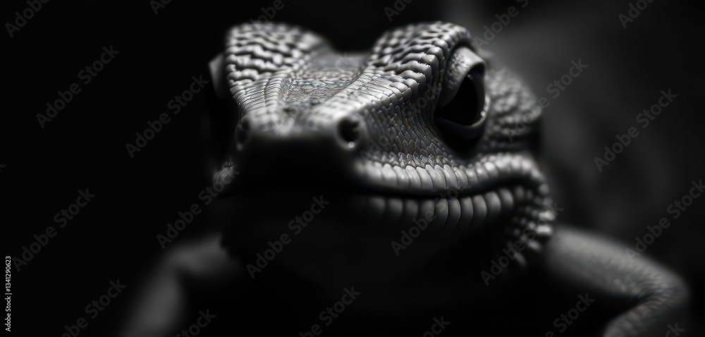 Obraz premium Intense monochrome close-up of a lizard's face, minimalist style, captivating, scaled