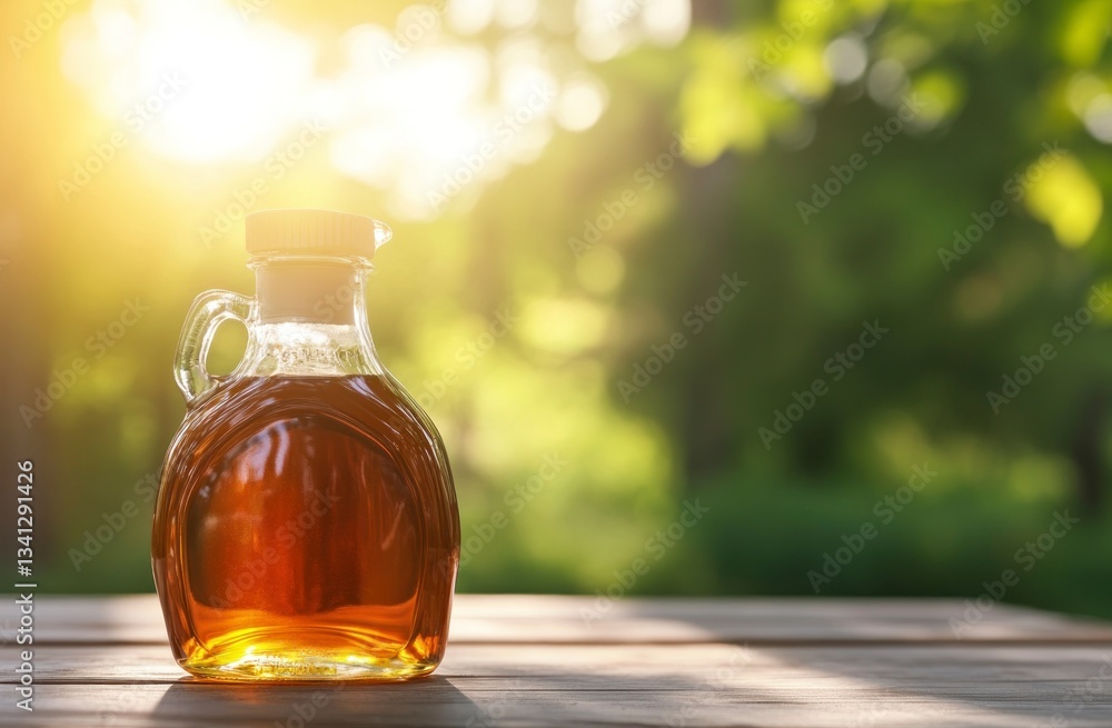 Maple Syrup in Glass Bottle on Wooden Table with Sunny Background Maple Syrup in Glass Bottle on Wooden Table with Sunny Background