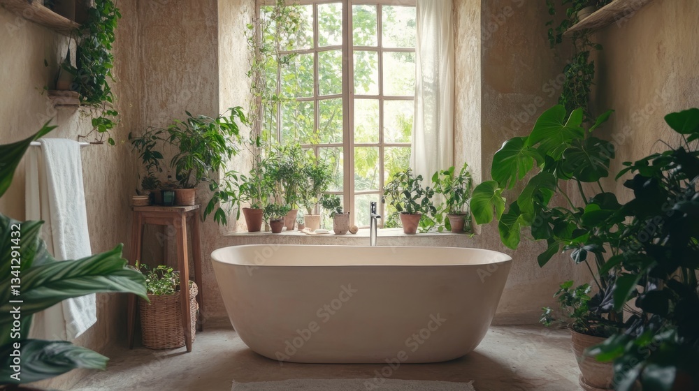 Serene Boho Bathroom Oasis with Abundant Plants and Natural Light View Serene Boho Bathroom Oasis with Abundant Plants and Natural Light View