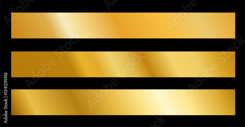 Vector set of illustration of different golden foil metallic texture gradation for border, ribbon, frame. Background set. 3d realistic style design of yellow gold shiny gradient with diagonal stripe
