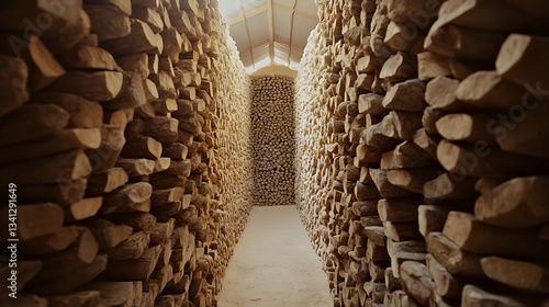 Rustic firewood room with stacked wood walls, cozy warm lighting