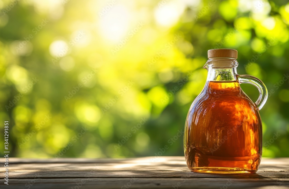Pouring Maple Syrup From Glass Jug in a Sunlit Outdoor Setting Pouring Maple Syrup From Glass Jug in a Sunlit Outdoor Setting