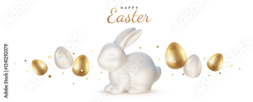 Vector holiday illustration with realistic shine ceramic bunny and golden egg with word Happy Easter. 3d cartoon style design with porcelain rabbit and egg for holiday easter hunt banner