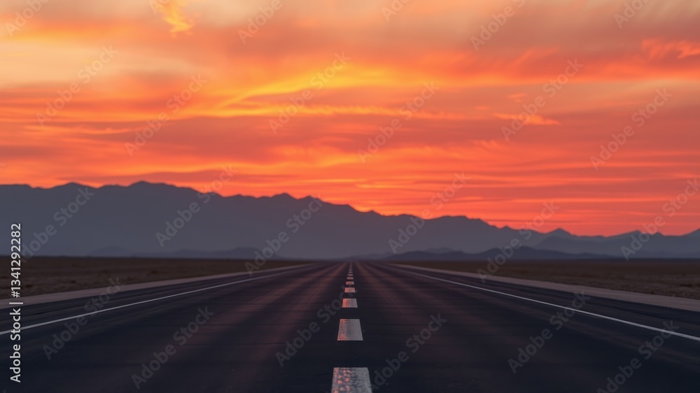 A scenic highway stretches towards distant mountains under a vibrant sunset sky A scenic highway stretches towards distant mountains under a vibrant sunset sky
