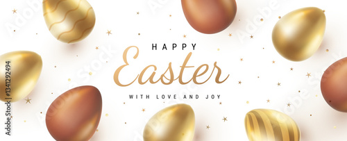 Vector Happy Easter illustration with realistic shine golden and chocolate egg. 3d cartoon style pattern design of different golden and chocolate egg for holiday easter hunt greeting card