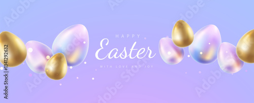 Vector holiday illustration with realistic shine neon and golden egg with text Happy Easter. 3d cartoon style pattern design with purple and golden egg for holiday easter hunt banner