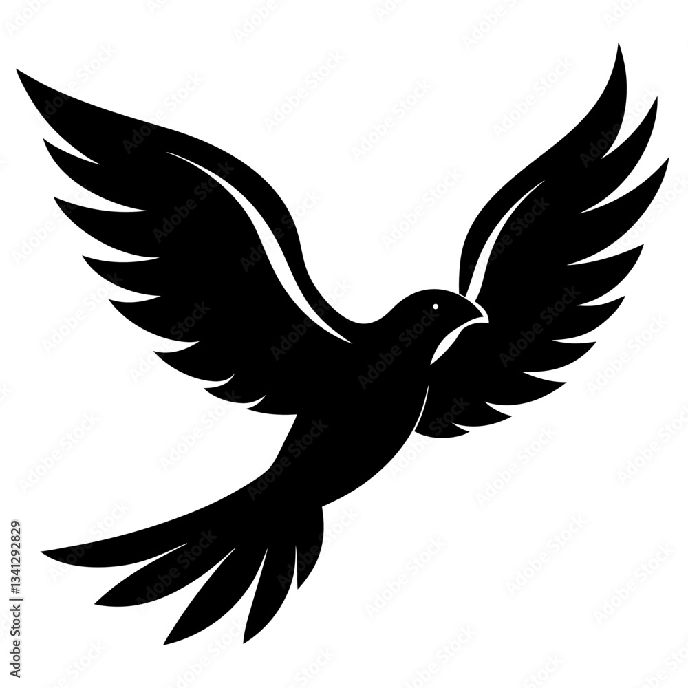 Fototapeta premium Silhouette of a bird in flight, symbolizing freedom, depicted in black against a pure white background