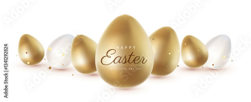 Vector Happy Easter illustration with realistic shine golden and white egg on white color background. 3d cartoon style design with different golden and white egg for holiday easter hunt banner