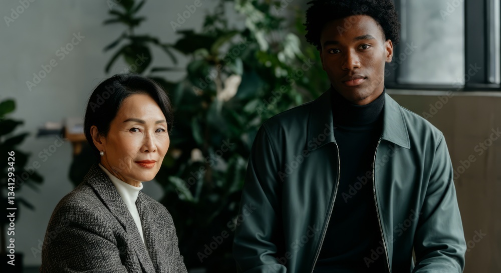 Mature asian female with young african male in modern indoor setting
