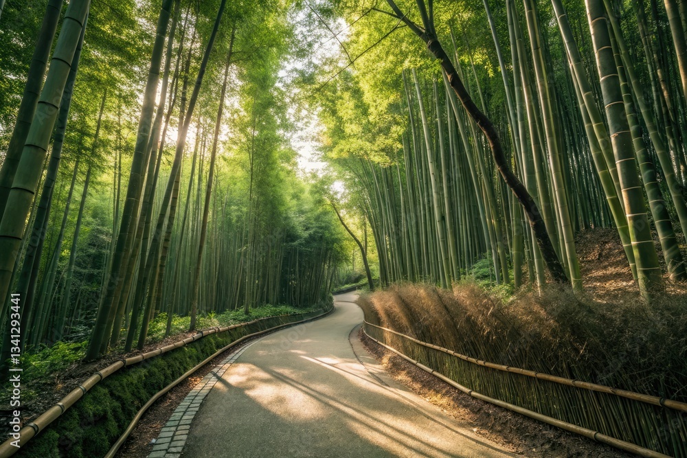 Fototapeta premium Aerial drone captures a vibrant Asian jungle, showcasing a PilPath hiking trail through bamboo.