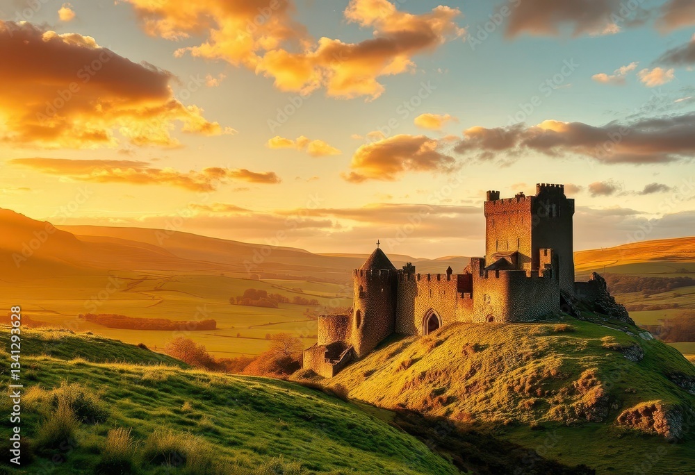 Golden sunset bathes ancient Irish castle, rolling green hills , old, sunset over castle Golden sunset bathes ancient Irish castle, rolling green hills , old, sunset over castle