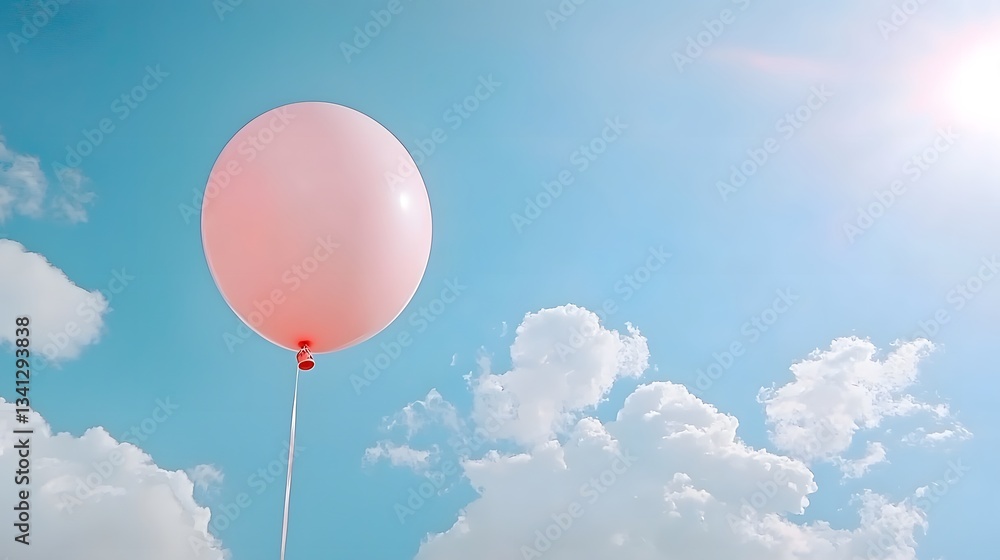 Obraz premium Vibrant red birthday balloon floating carefree in the peaceful bright blue sky filled with fluffy white clouds The balloon s ascension symbolizes joy happiness and a sense of freedom and imagination