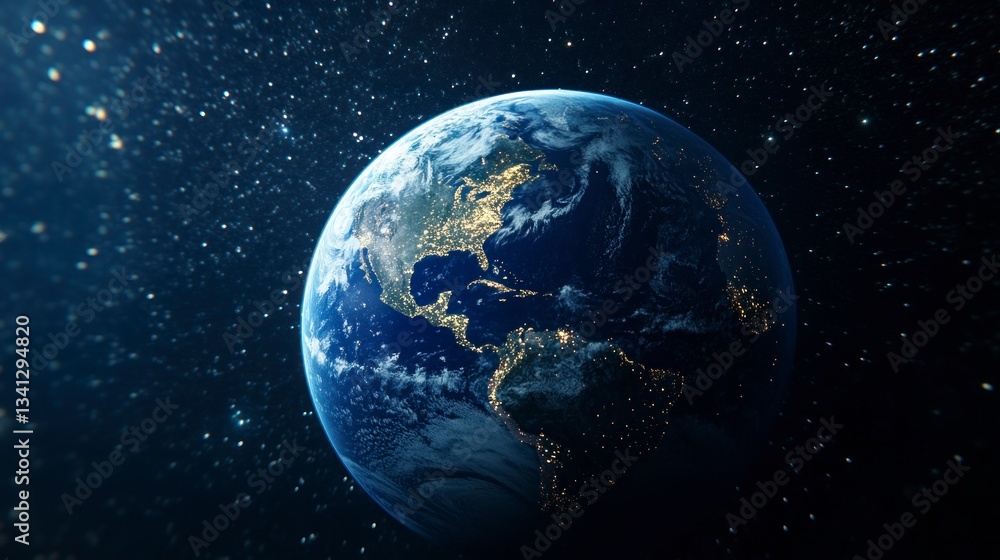 Obraz premium Earth From Space Shows North America at Night with Starfield