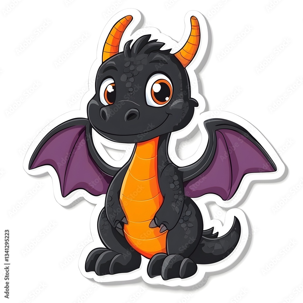 Obraz premium Cute Dragon Illustration: A charming cartoon dragon with a friendly smile, featuring large eyes, small horns, and colorful wings, designed with a sticker-like effect. 