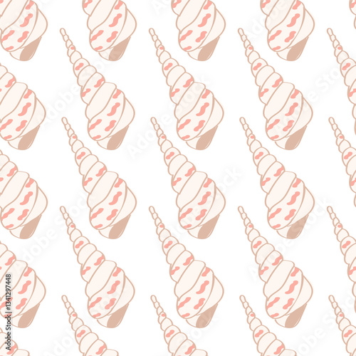A cute seamless pattern with beige and pink conch shell.
