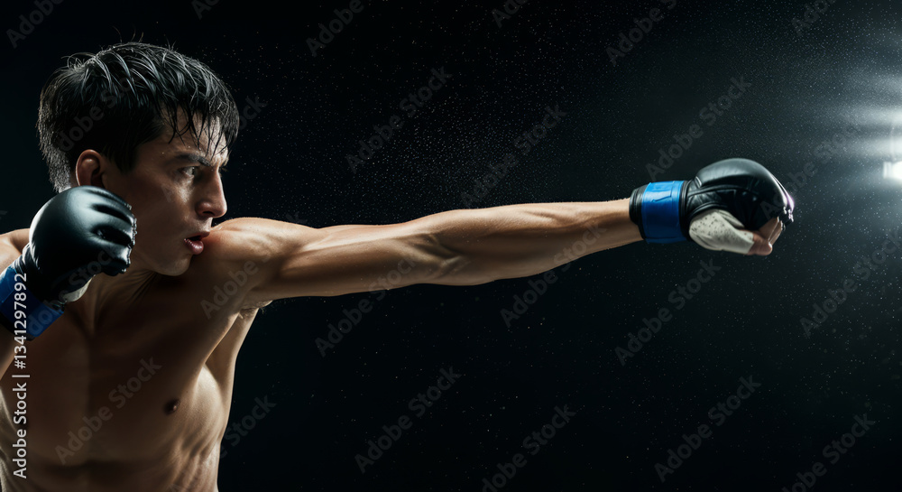 Fototapeta premium Young hispanic male boxer delivering a powerful punch in action