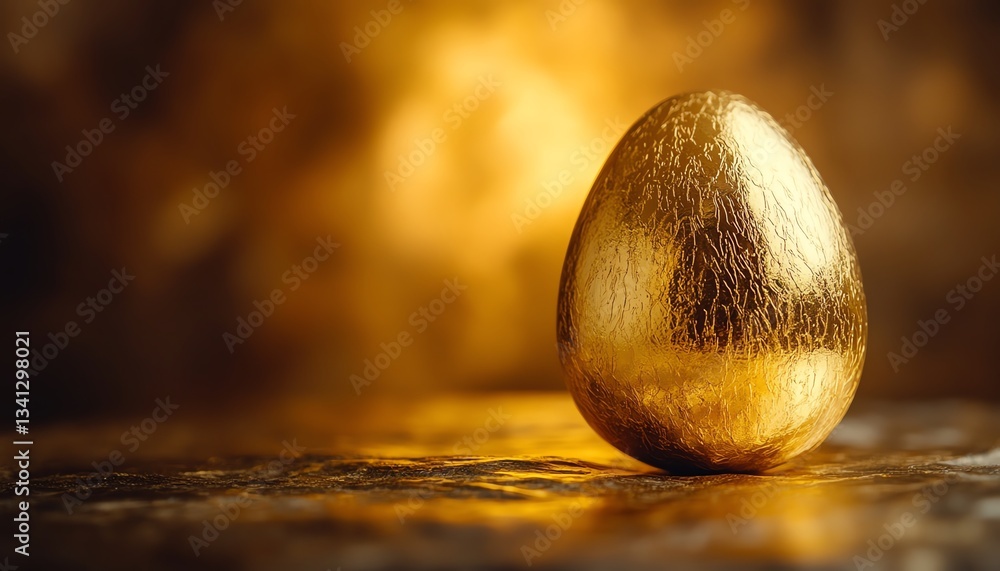 Fototapeta premium Closeup of a golden egg resting on a pedestal, soft golden glow highlighting its smooth surface, symbolizing the essence of rare and invaluable entities