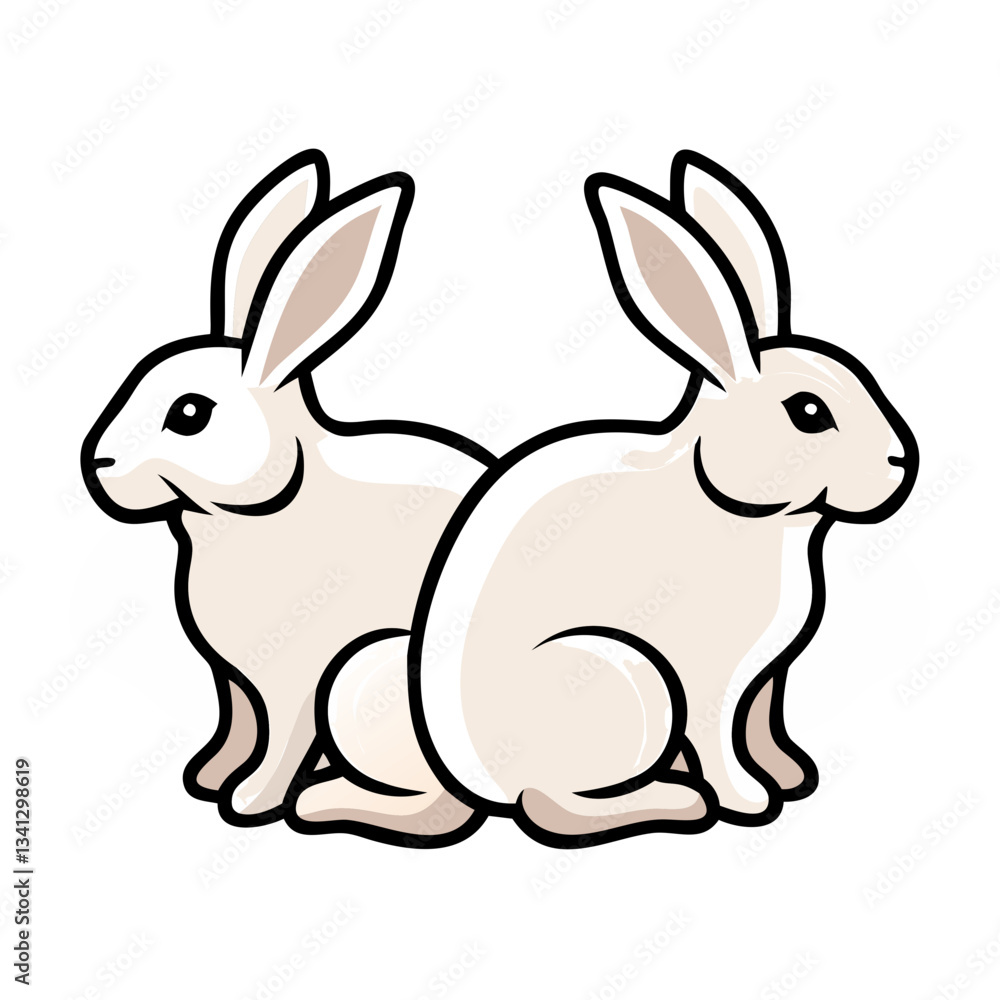 Fototapeta premium Two cute white bunnies sitting back to back with calm expression for Easter concept