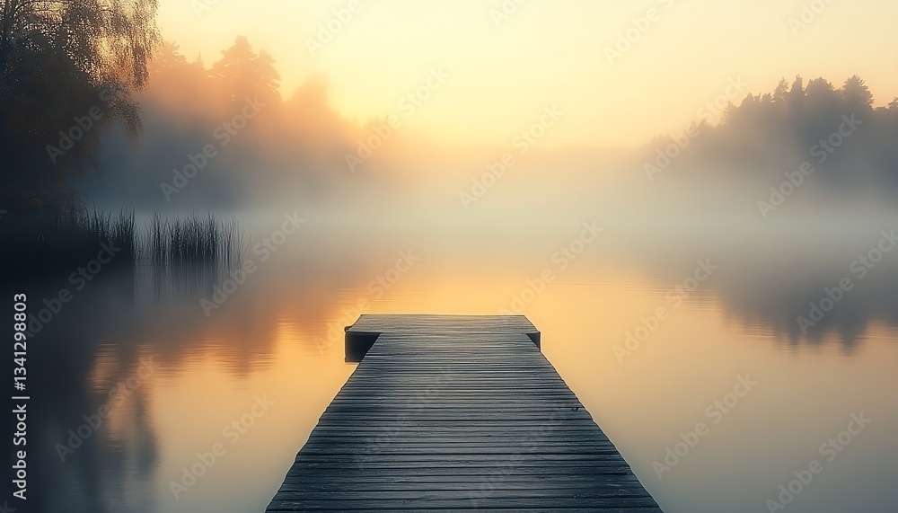 Fototapeta premium Dock on a quiet lake enveloped in early morning mist, soft golden light filtering through fog, peaceful environment, serene nature scene, photorealistic details, Midjourney v6