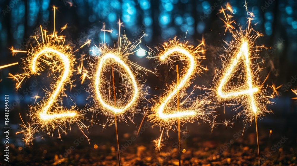Sparklers light up the night, forming the number 2024. Happy New Year! Sparklers light up the night, forming the number 2024. Happy New Year!