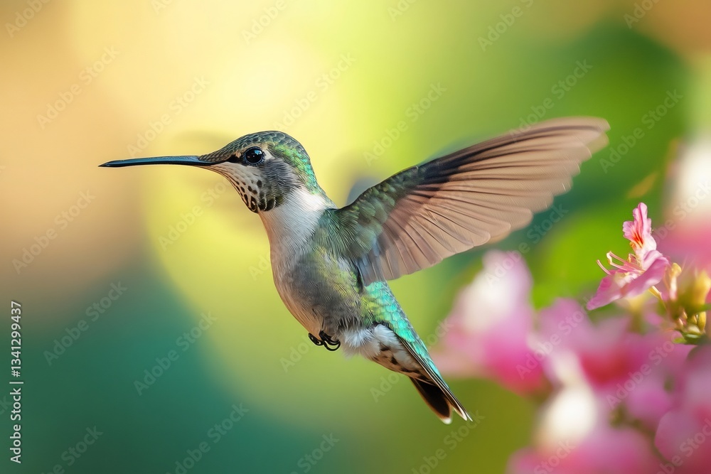 Hummingbird hovering near pink flowers with blurred background Hummingbird hovering near pink flowers with blurred background