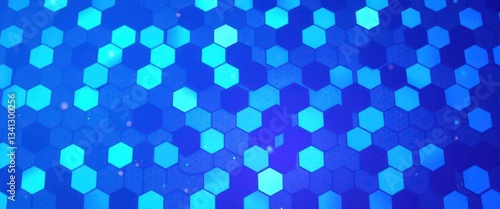 Abstract blue hexagonal grid, glowing futuristic tech background, digital art, shiny