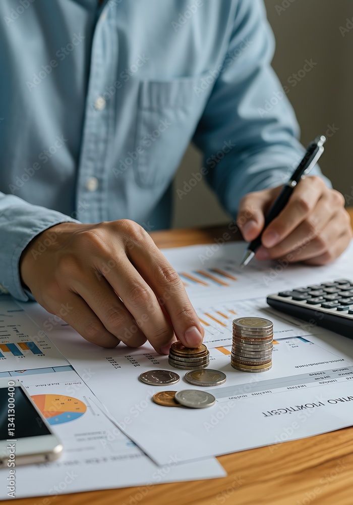 Man Carefully Stacks Coins on Financial Charts, Illustrating Savings Growth