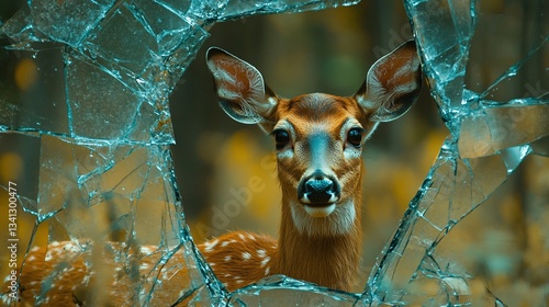 A curious young deer looks through shattered glass to the camera