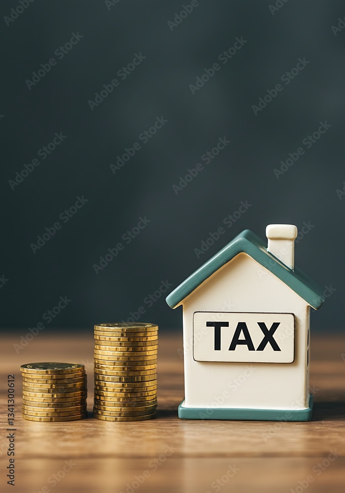 house model with TAX sign and stacks of gold coins depicting property taxes.