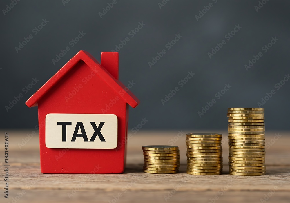 house model with TAX sign and stacks of gold coins depicting property taxes.