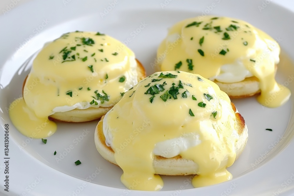 Delicious eggs benedict with hollandaise sauce and parsley topping on english muffins Delicious eggs benedict with hollandaise sauce and parsley topping on english muffins
