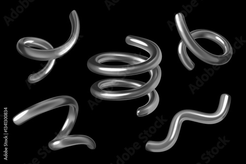 3d chrome Spiral curves and springs abstract vector elements set. Silver metallic realistic swirl lines and stripes collection. 