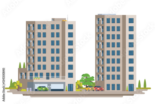 Apartment building vector illustration. Modern urban high-rise housing in flat design. Fully editable and isolated on white background