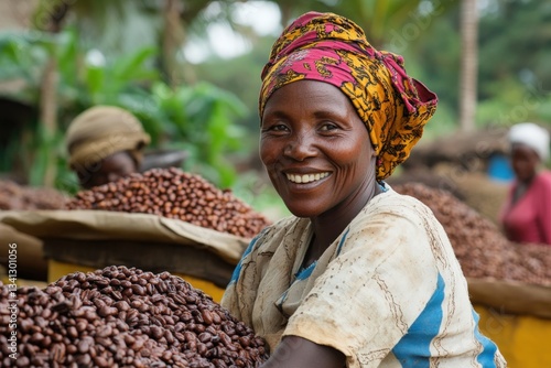 Smiling african coffee farmer woman presenting her coffee beans