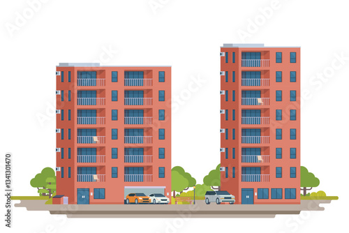 Apartment building vector illustration. Modern urban high-rise housing in flat design. Fully editable and isolated on white background